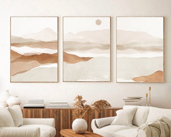 Set of 3 Abstract Landscape Prints, Watercolor Neutral Beige
