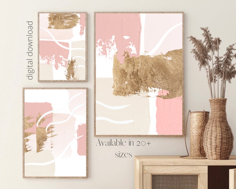 Printable Wall Art, Modern Pink and Gold Set of 3 Abstract Prints ...