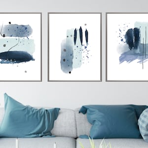 Blue Abstract Wall Art, Navy Blue and Black Modern Watercolour Shapes Printable Wall Art, Living Room Wall Decor, Hallway Print Set of 3