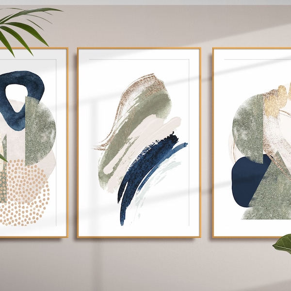 Abstract Wall Art, Jade Green and Navy Blue Watercolour Shapes Printable Wall Art Set of 3 Geometric Hallway Print, Living Room Wall Decor