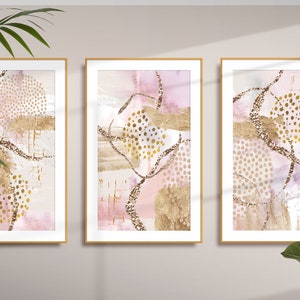 Abstract Wall Art, Rose Pink and Gold Printable Wall Art Set of 3 ...