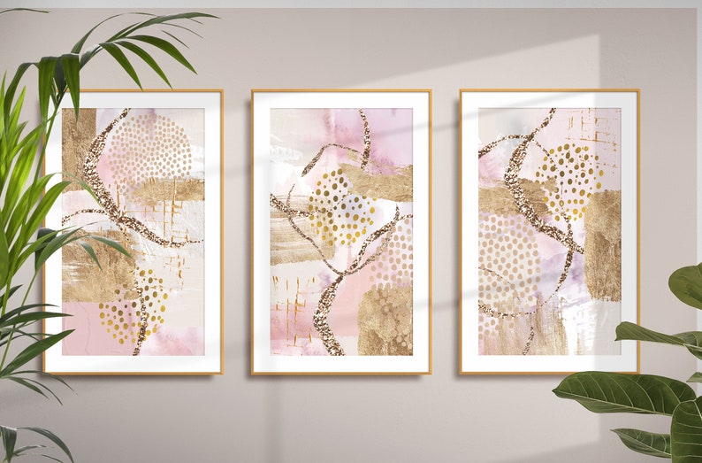 Abstract Wall Art, Rose Pink and Gold Printable Wall Art Set of 3 ...