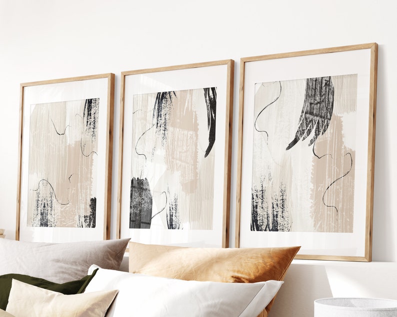 Impresiones abstractas, pintura acrílica beige crema negra, juego de arte de pared imprimible de 3, decoración de pared de sala de estar neutra, arte de oficina en casa imagen 3