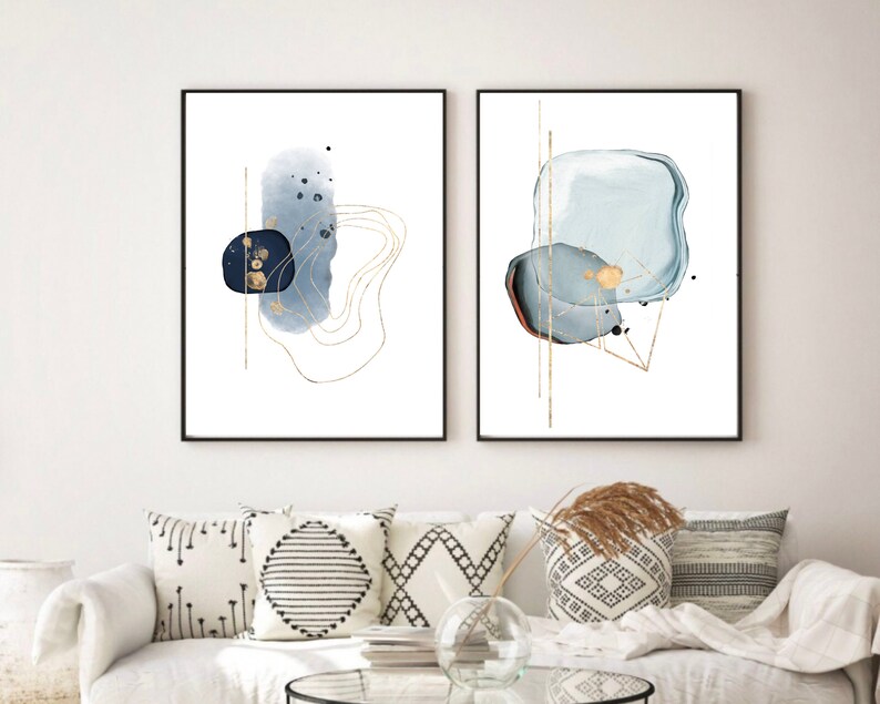 Blue and Grey Abstract Wall Art Set of 4 Navy Modern Etsy