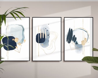 Blaue abstrakte Wandkunst, marineblaue graue und goldene Aquarellformen druckbare Wandkunst-Set, Geometrischer Flurdruck, Wohnzimmer-Wanddekor