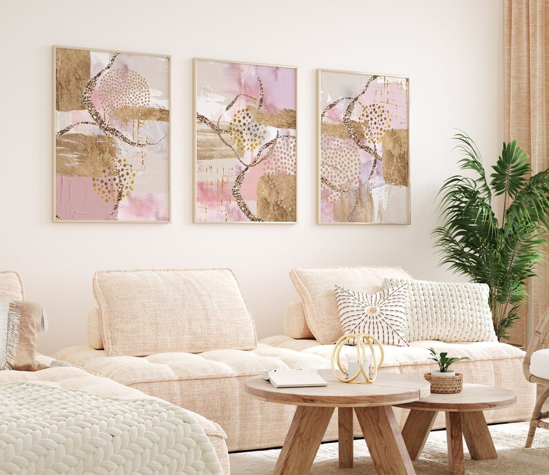 Abstract Wall Art, Rose Pink and Gold Printable Wall Art Set of 3 ...