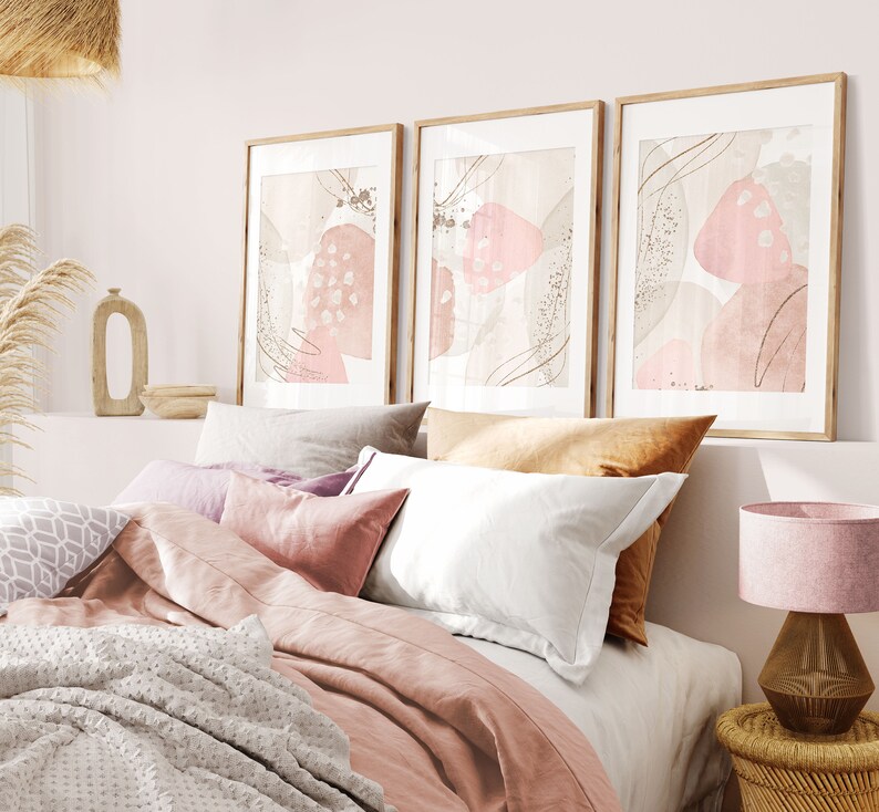 Pink Abstract Wall Art Set of 3, Soft Pink and Cream Watercolour Shapes Printable Wall Art, Modern Living Room, Hallway, Bedroom Print Set image 6