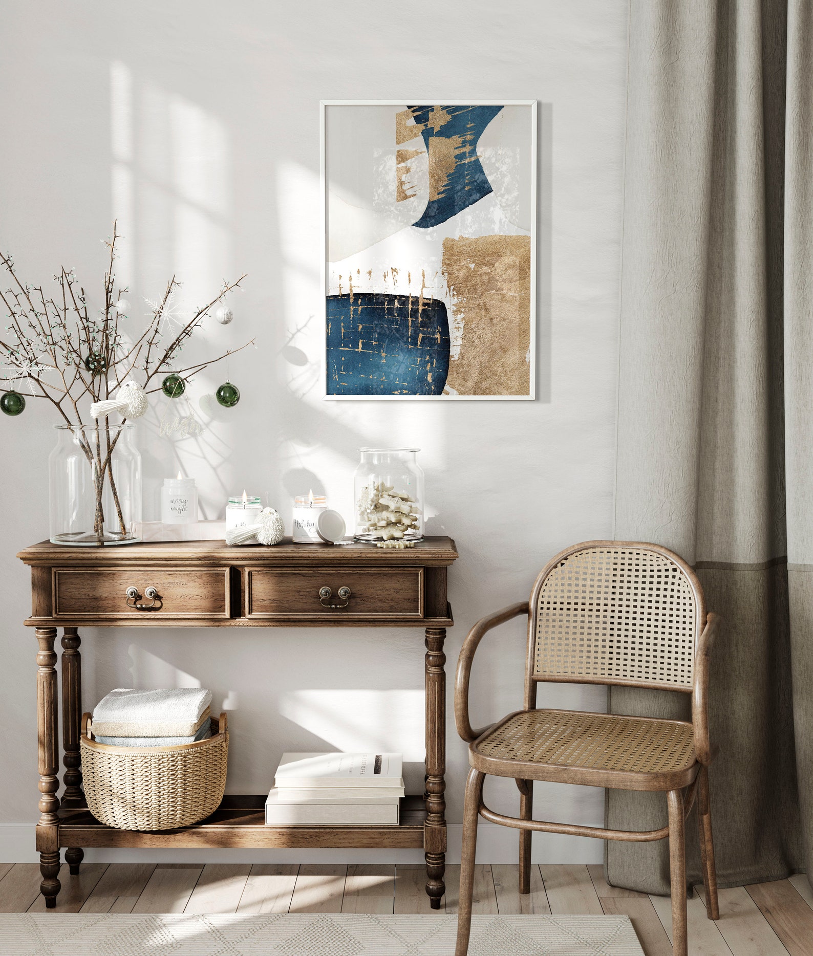 Set of 3 Navy Blue and Gold Wall Art Prints, Modern Geometric Abstract ...
