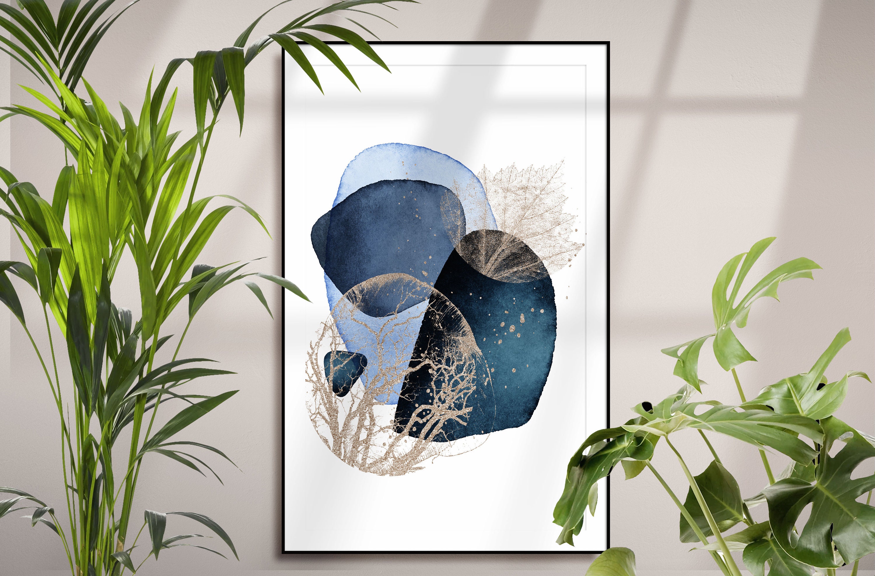 Blue Abstract Wall Art Navy and Gold Watercolour Shapes Etsy UK