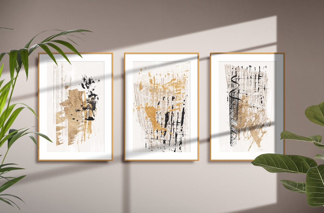 Modern Gallery Wall Art Set of 3 Minimalist Gold Beige Black Nordic ...