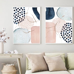 Abstract Wall Art, Watercolour Shapes Printable Wall Art, Pink Blue Gold  Set of 2 Prints, Geometric Hallway Print Set