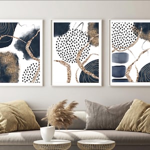 Abstract Wall Art, Black Navy Gold Watercolour Shapes Printable Wall Art, Set of 3 Geometric Hallway Prints, Living Room Wall Decor