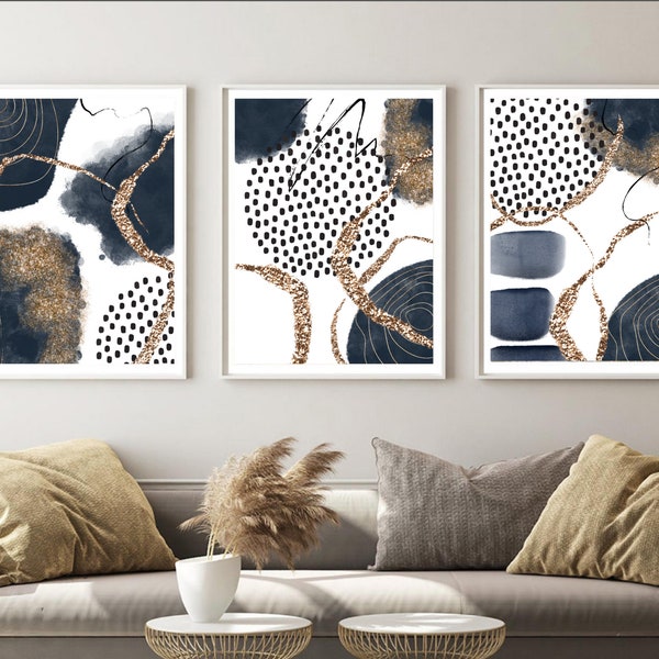 Abstract Wall Art, Black Navy Gold Watercolour Shapes Printable Wall Art, Set of 3 Geometric Hallway Prints, Living Room Wall Decor