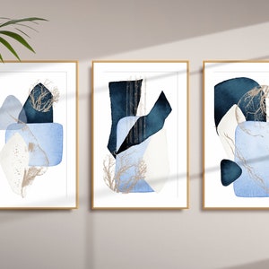 Blue Abstract Wall Art, Navy Watercolour Shapes Printable Wall Art Set of 3 Geometric Hallway Print, Living Room Wall Decor