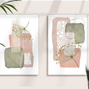 Abstract Wall Art, Pink and Green Textured Watercolour Geometric Shapes Printable Wall Art Set of 2 Hallway Print, Living Room Wall Decor