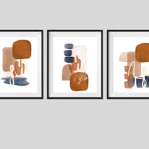 Modern Abstract Wall Art Set of 3, Geometric Shapes Printable Wall Art, Rust and Navy Hallway Print, Boho Living Room Poster Set