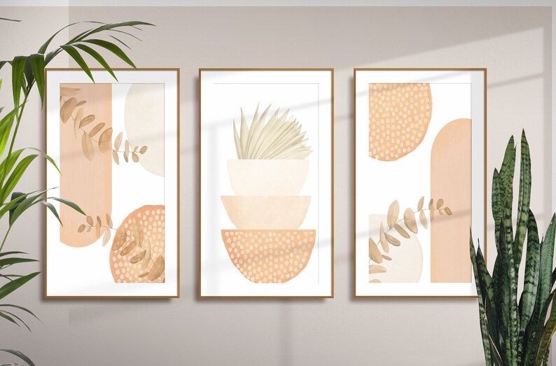 Boho Printable Wall Art, Modern Nordic Peach Set of 3 Prints, Minimalist Living Room Wall Decor, Apricot Peach Art Shapes Hallway Print image 4