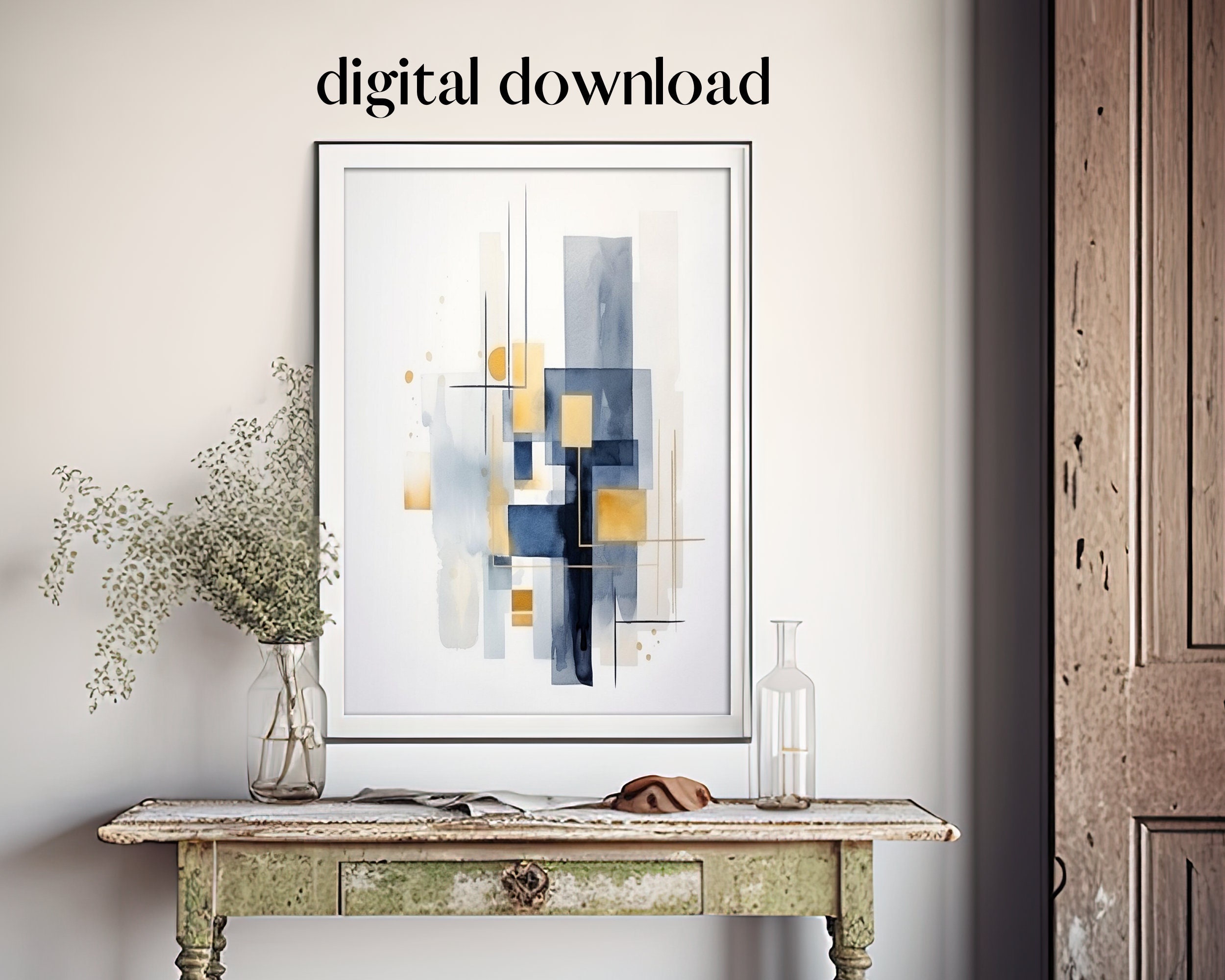 Abstract Art Prints, Blue and Yellow Geometric Shapes Printable Wall ...