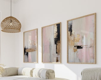 Juego de 3 impresiones imprimibles de arte abstracto rosa, pintura abstracta moderna en rosa suave, decoración estética nórdica para sala de estar.