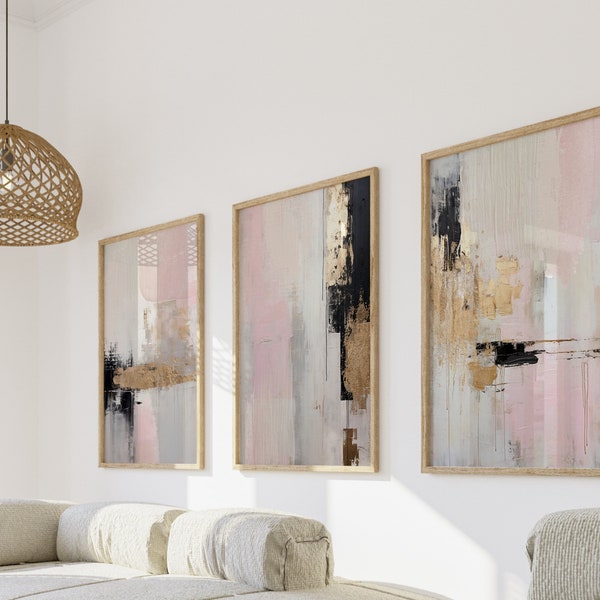 Rosa abstrakte Kunst druckbares Set von 3 Drucken, Sanfte Rose Rosa moderne abstrakte Malerei, ästhetisches nordisches Wohnzimmer-Dekor.