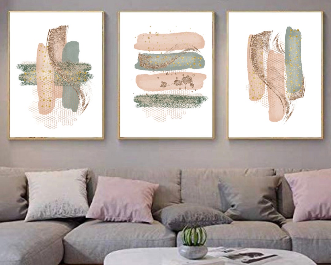 Abstract Wall Art, Sage Green and Pink Watercolour Shapes Printable ...