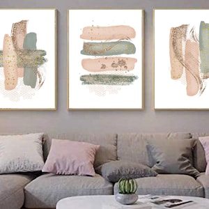 Abstract Wall Art, Sage Green and Pink Watercolour Shapes Printable Wall Art, Rose Pink and  Gold  Set of 3 Prints, Living Room Wall Decor