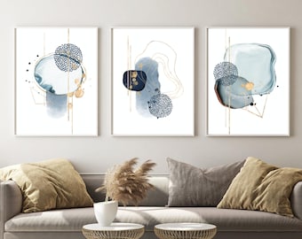 Blue and Gold Abstract Wall Art Set of 3, Navy Modern Minimalist Poster, Living Room Decor, Bedroom Printable, Hallway Contemporary Art