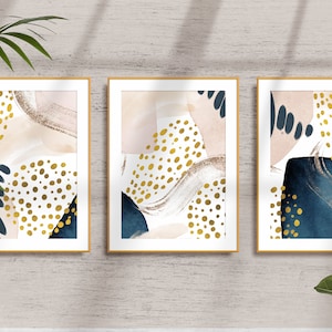 Abstract Wall Art, Pink and Blue Set of 3 Printable Wall Art, Living Room Wall Decor, Hallway Poster Set, Home Office Prints