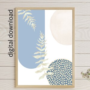May include: Abstract art print with a blue and white color scheme. The print features two large circles, one with a white polka dot pattern and the other with a solid white fill. There are also two stylized fern leaves in a light gold color.