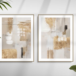 Abstract Art Prints, Gold and Beige Printable Wall Art, Block Colour Brush Strokes, Set of 2 hallway prints, living room wall decor