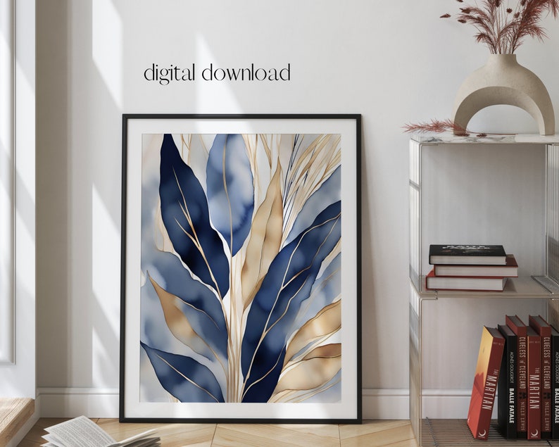 Blue Botanical Prints Set of 3, Abstract Printable Wall Art, Modern ...