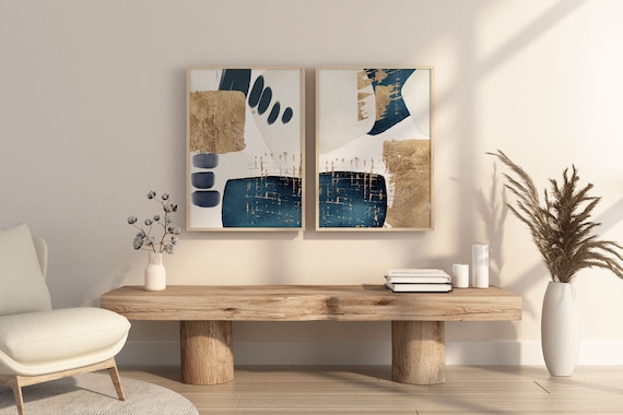 Wall Art Prints Set of 2, Blue and Gold Abstract Printable Living Room Decor
