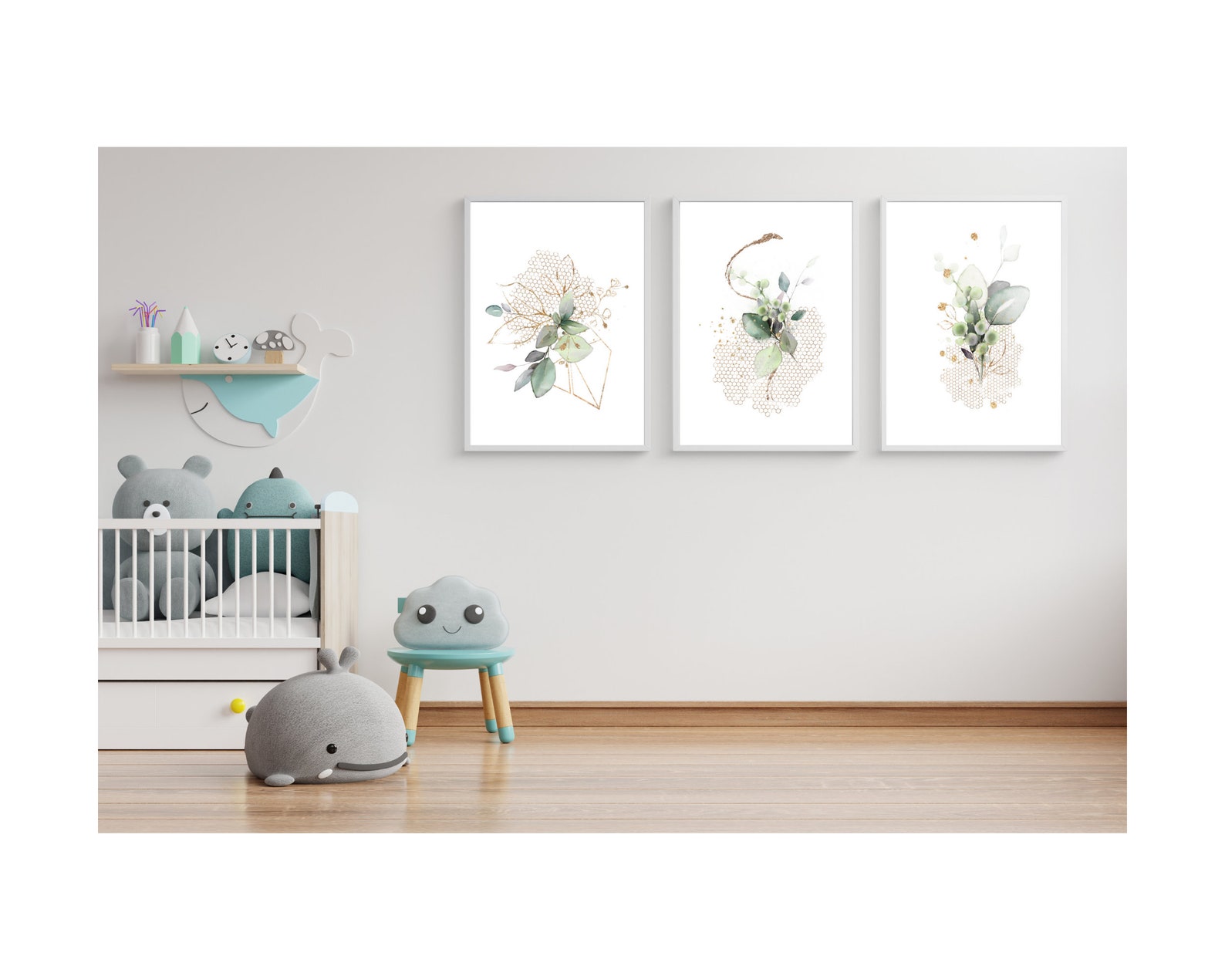 Botanical Prints Set of 3, Botanical Wall Art, Green and Gold ...