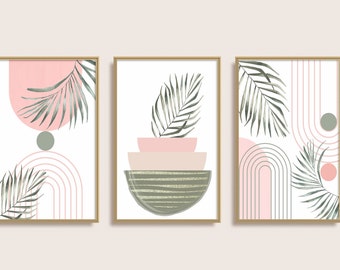 Boho Printable Wall Art, Modern Nordic Pink Set of 3 Prints, Minimalist Living Room Wall Decor, Blush Pink Art Shapes Hallway Print