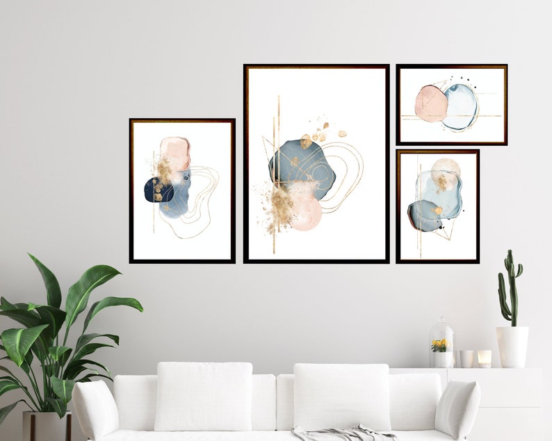 Pink and Grey Abstract Wall Art Set of 4 Modern Minimalist Etsy
