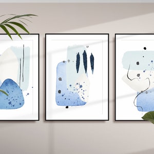 Abstract Art Prints, Blue Printable Wall Art, Sky Blue Block Colour Brush Strokes, Set of 3.