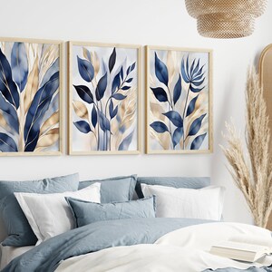 Blue Botanical Prints Set of 3, Abstract Printable Wall Art, Modern ...