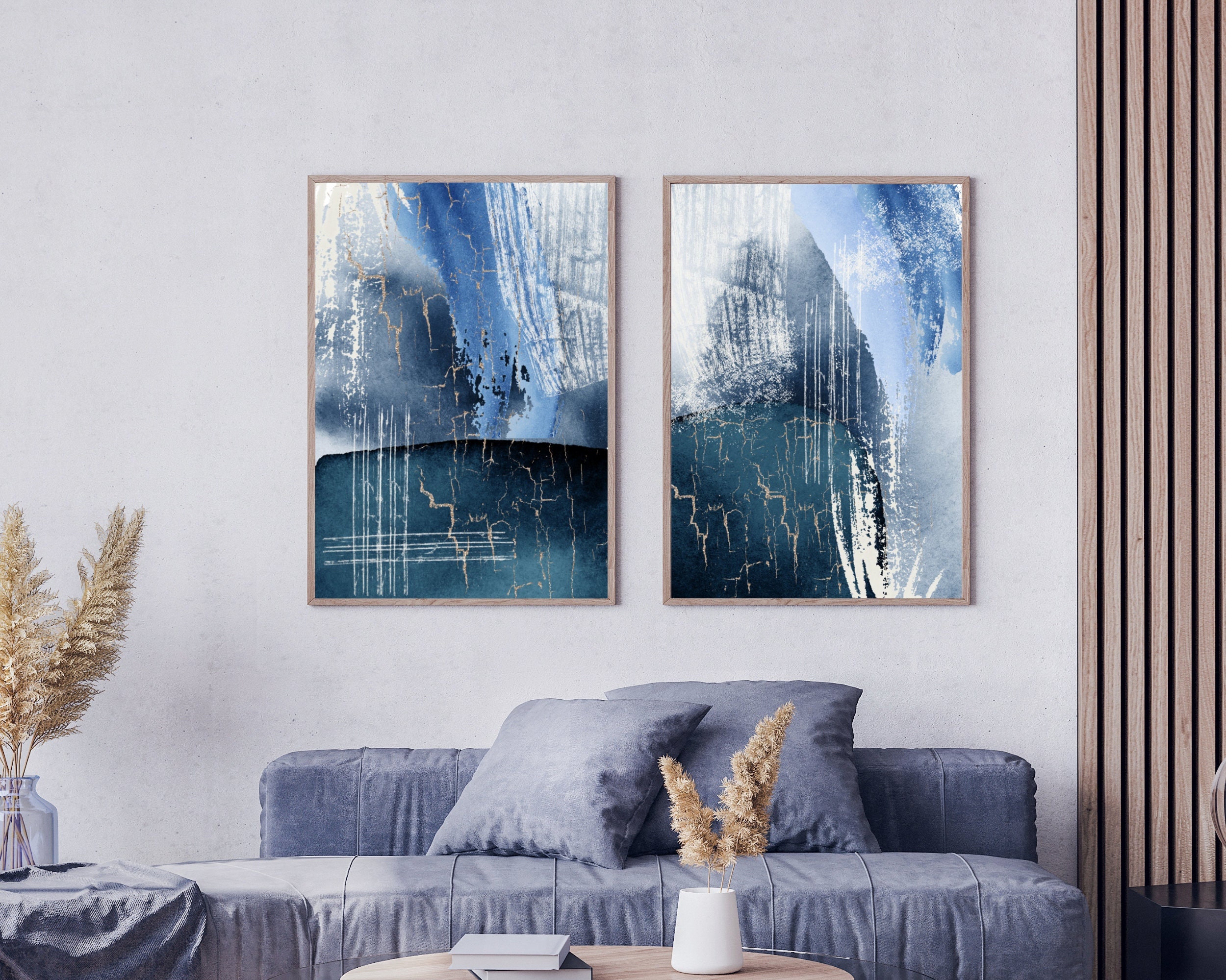 Abstract Print Set Blue Printable Wall Art Living Room Wall Etsy