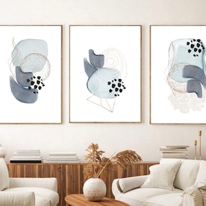 Abstract Prints - Set of 3 Prints - Sky Blue and Grey Set - Abstract Wall Art - Minimalist Wall Art - Living Room Decor - Hallway Print