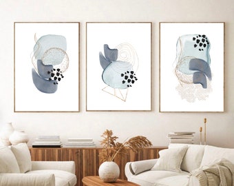 Abstract Prints - Set of 3 Prints - Sky Blue and Grey Set - Abstract Wall Art - Minimalist Wall Art - Living Room Decor - Hallway Print