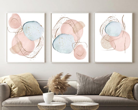 ABSTRACT WALL ART Set of 3 Prints Pink and Blue Watercolor | Etsy