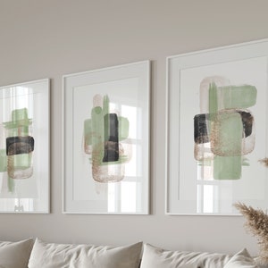 Abstrakte Kunstdrucke, Grün Schwarz Gold druckbare Wandkunst, Jade Grün Block Farbe Pinselstriche, 3er Set