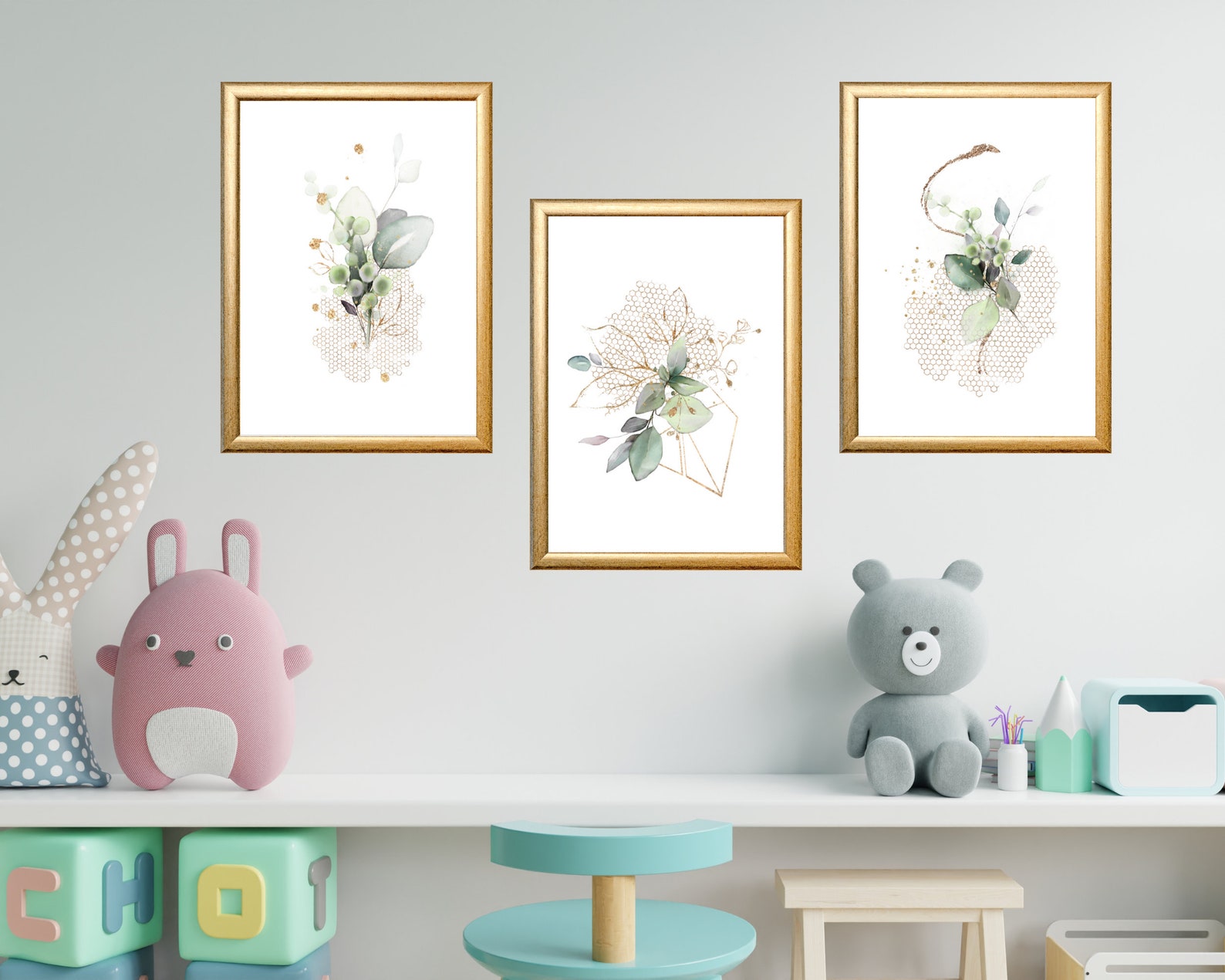 Botanical Prints Set of 3, Botanical Wall Art, Green and Gold ...