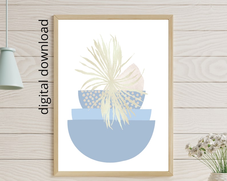 May include: A digital print featuring a stylized illustration of a plant in a stack of three blue and white bowls. The plant is a light beige color and the bowls are a light blue color with white polka dots.