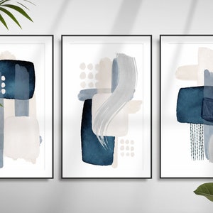 Blue Abstract Wall Art, Navy Blue Gren Watercolour Shapes Printable Wall Art Set of 3 Geometric Hallway Print, Living Room Wall Decor