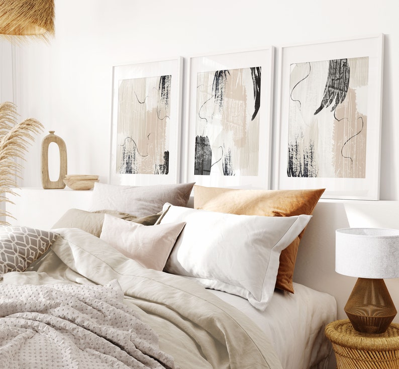 Impresiones abstractas, pintura acrílica beige crema negra, juego de arte de pared imprimible de 3, decoración de pared de sala de estar neutra, arte de oficina en casa imagen 5