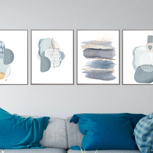 Grey Abstract Wall Art, Watercolor Shapes Printable Wall Art, Grey and Gold Abstract Set of 4 Prints, Hallway Prints, Living Room Wall Decor