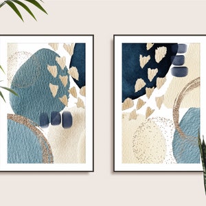 Blue and Gold Wall Art Print Set of 2, Modern Abstract Printable Wall Art, Sky Blue and Cream Living Room Decor, Minimalist Hallway Poster