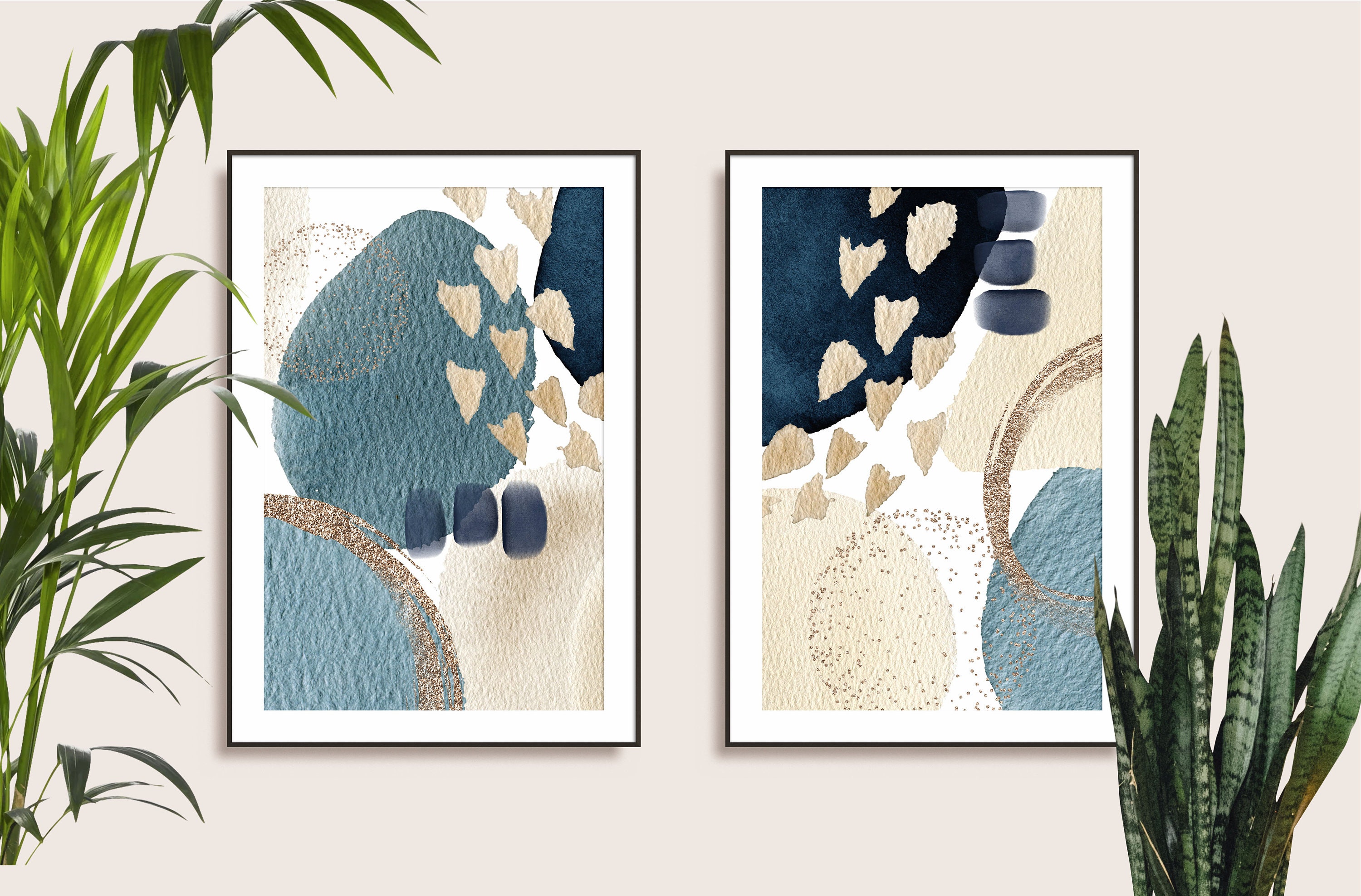 Blue and Gold Wall Art Print Set of 2 Modern Abstract Etsy