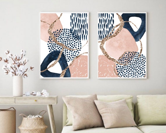 Abstract Wall Art, Pink Navy Gold Watercolour Shapes Printable Wall Art, Set of 2 Geometric Hallway Prints, Living Room Wall Decor